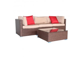 4 Pieces Wood Grain Patio PE Wicker Rattan Corner Sofa Set
