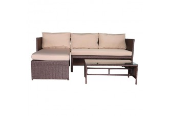 3 Pieces Wood Grain PE Wicker Rattan Ottoman with Tempered Glass Table Patio Sofa Set