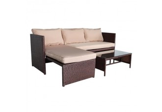 3 Pieces Wood Grain PE Wicker Rattan Ottoman with Tempered Glass Table Patio Sofa Set