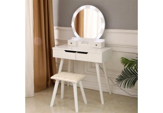 FCH Dressing Table with Single Round Mirror with Bulb & 4 Drawers White