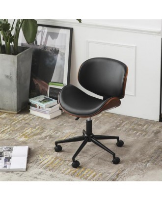 Mid-Century Office Desk Chair Adjustable Black Leather Chrome Base Bent Plywood