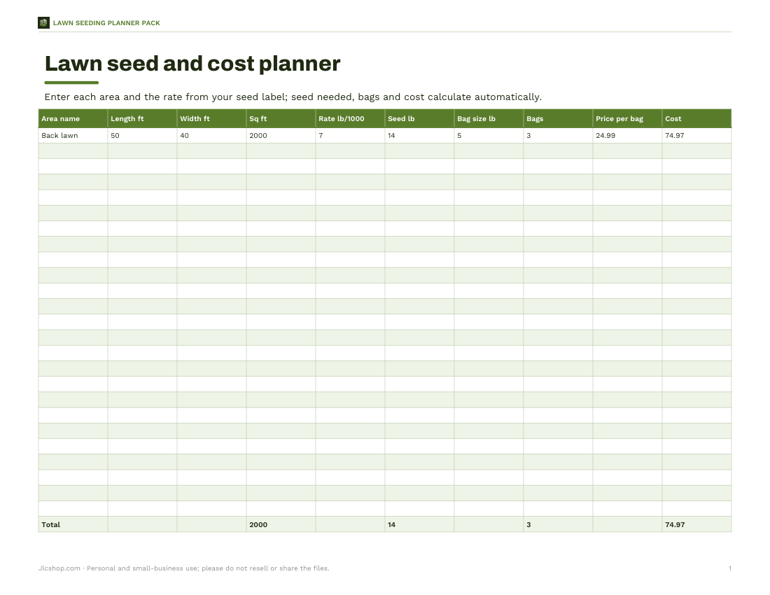 Preview of the first page of Seed planner (XLSX)